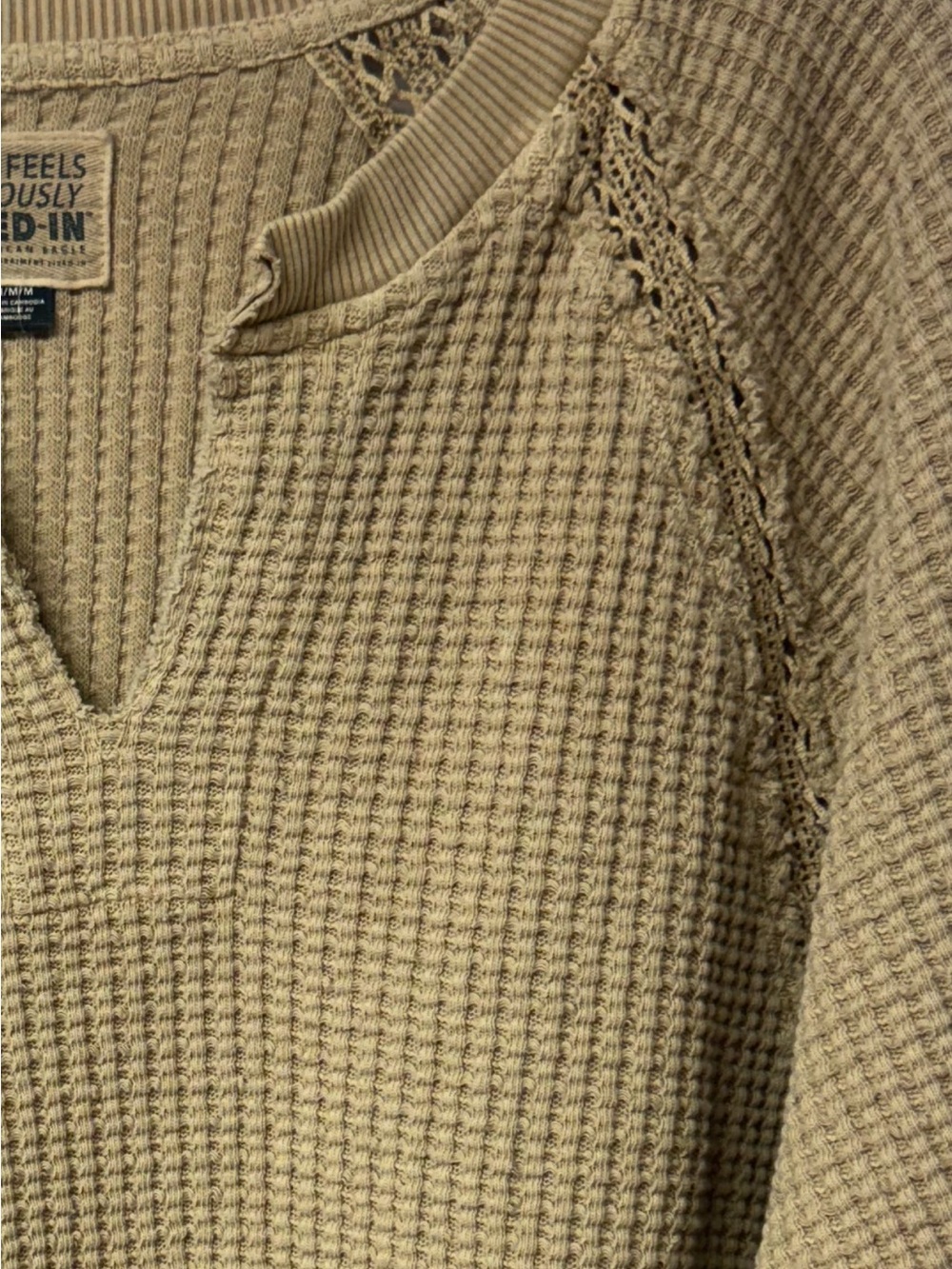 American Eagle Seriously Lived In Waffle Knit Pullover Top Beige Medium Boho C2 - Picture 12 of 12